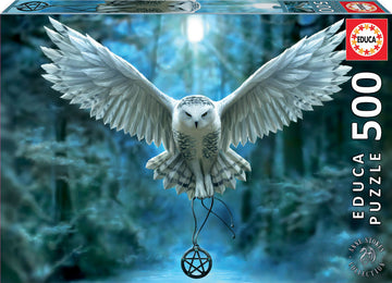 Awake Your Magic jigsaw puzzle by Educa featuring a stunning illustration of a majestic white owl with outstretched wings, soaring over a mystical forest backdrop. The design includes intricate details and a magical pentacle symbol, appealing to nature and fantasy lovers. This 500-piece puzzle is perfect for relaxation and art appreciation.