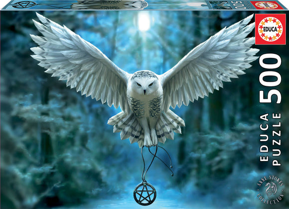 Awake Your Magic jigsaw puzzle by Educa featuring a stunning illustration of a majestic white owl with outstretched wings, soaring over a mystical forest backdrop. The design includes intricate details and a magical pentacle symbol, appealing to nature and fantasy lovers. This 500-piece puzzle is perfect for relaxation and art appreciation.