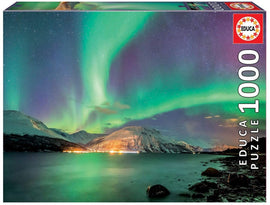 Educa 'AURORA BOREALIS' jigsaw puzzle featuring a stunning view of the Northern Lights over a serene lake and snow-capped mountains, designed for puzzle enthusiasts seeking a beautiful challenge with 1000 pieces.