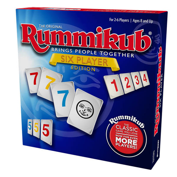 Rummikub: 6 Player Edition board game by Goliath. The box features colorful tiles with numbers and a smiling joker tile, designed for 2-6 players aged 8 and up. The design emphasizes the game's social and family-friendly nature.