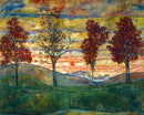 A colorful jigsaw puzzle featuring 'Four Trees' by Egon Schiele, showcasing four vibrant trees against a sunset backdrop with rolling hills and a cloudy sky, perfect for art enthusiasts and puzzle lovers.