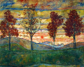 A colorful jigsaw puzzle featuring 'Four Trees' by Egon Schiele, showcasing four vibrant trees against a sunset backdrop with rolling hills and a cloudy sky, perfect for art enthusiasts and puzzle lovers.