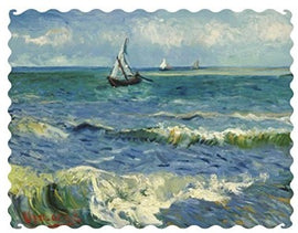 A jigsaw puzzle featuring Van Gogh's painting 'Sea at Saint-Maries'. The artwork depicts a vibrant sea with rolling waves and small sailing boats under a bright blue sky filled with soft clouds, showcasing Van Gogh's characteristic brushstrokes and vivid colors.