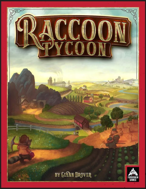 Raccoon Tycoon game box by Forbidden Games featuring vibrant artwork of a raccoon character with a farm landscape in the background. The illustration showcases fields, farms, and a whimsical rural setting, inviting players into a world of strategic fun.