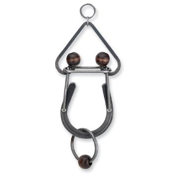 The U-Turn Tavern Puzzle by Tucker Jones House is a challenging mechanical puzzle made of intricate metal loops and rings. It features a classic design with two round wooden beads and a triangular frame, requiring clever manipulation to solve. Ideal for puzzle enthusiasts and as a decorative piece.