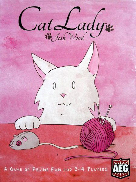 The 'Cat Lady' game cover features a whimsical illustration of a cute, cartoonish cat sitting at a table with a ball of yarn and a toy mouse. The background is a soft pink, and the title 'Cat Lady' is prominently displayed at the top, inviting players to engage in a fun board game designed for 2-4 players.