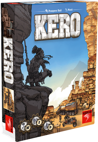 Kero game box featuring a rugged, adventurous character standing on a cliff with a dramatic landscape in the background, showcasing both a futuristic vehicle and rocky terrain. The vibrant artwork highlights the game's themes of exploration and survival in a post-apocalyptic world, designed for 2 players aged 9 and above, with an estimated playtime of 30 minutes.