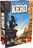 Kero game box featuring a rugged, adventurous character standing on a cliff with a dramatic landscape in the background, showcasing both a futuristic vehicle and rocky terrain. The vibrant artwork highlights the game's themes of exploration and survival in a post-apocalyptic world, designed for 2 players aged 9 and above, with an estimated playtime of 30 minutes.