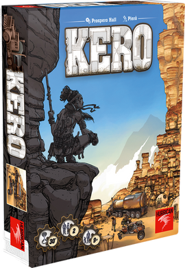 Kero game box featuring a rugged, adventurous character standing on a cliff with a dramatic landscape in the background, showcasing both a futuristic vehicle and rocky terrain. The vibrant artwork highlights the game's themes of exploration and survival in a post-apocalyptic world, designed for 2 players aged 9 and above, with an estimated playtime of 30 minutes.