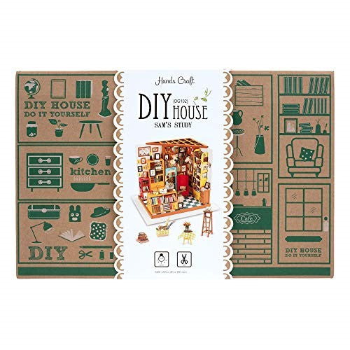 Sam's Study Model Kit by Robotime, a DIY miniature house kit featuring detailed illustrated panels. Perfect for creative building and crafting enthusiasts, the kit showcases various elements of a cozy study space, including furniture and decorations, all designed for hands-on assembly.