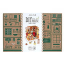 Sam's Study Model Kit by Robotime, a DIY miniature house kit featuring detailed illustrated panels. Perfect for creative building and crafting enthusiasts, the kit showcases various elements of a cozy study space, including furniture and decorations, all designed for hands-on assembly.