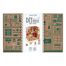 Sam's Study Model Kit by Robotime, a DIY miniature house kit featuring detailed illustrated panels. Perfect for creative building and crafting enthusiasts, the kit showcases various elements of a cozy study space, including furniture and decorations, all designed for hands-on assembly.