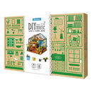 Cathy's Flower House DIY model kit by Robotime featuring a detailed design of a greenhouse. The packaging showcases various DIY elements, including indoor plants, furniture, and decor. Ideal for crafting enthusiasts to build their own charming flower house.