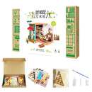 Simon's Coffee Model Kit by Robotime, featuring a detailed DIY miniature coffee shop. Contains wooden pieces, decorations, and tools for assembly. The box includes colorful components, a clear assembly guide, and pre-printed materials for a realistic miniature experience.