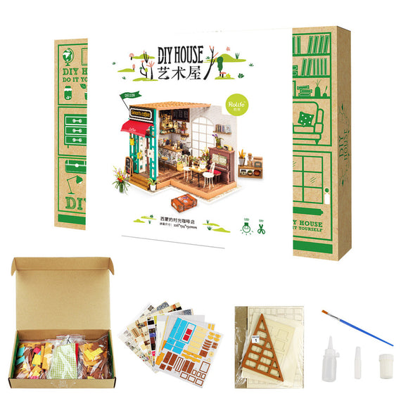 Simon's Coffee Model Kit by Robotime, featuring a detailed DIY miniature coffee shop. Contains wooden pieces, decorations, and tools for assembly. The box includes colorful components, a clear assembly guide, and pre-printed materials for a realistic miniature experience.