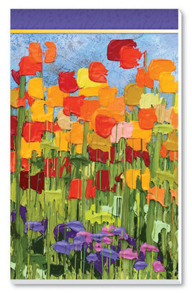 Flourishing Flowers Tally Sheet by Springbok featuring a vibrant and colorful painting of blooming flowers in shades of red, orange, yellow, and purple against a blue sky, perfect for enjoying family game nights.