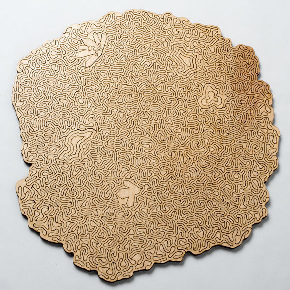 The Orbicular Geode Puzzle by Nervous System is a wooden jigsaw puzzle featuring an intricate, organic design with flowing lines. Its unique shape mimics a natural geode, providing a distinct and engaging challenge for puzzle enthusiasts. Perfect for decoration once completed.