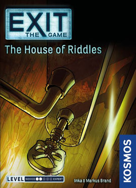 Exit: The House of Riddles game cover featuring a mysterious key, pipes, and a dark background. Designed for players seeking challenging riddles and immersive escape room experiences.