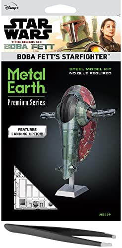 Premium S: Boba Fett's Starfighter DIY steel model kit by Fascinations. The packaging features detailed images of the model, with notes on no glue required and landing option. Ideal for ages 14 and up.