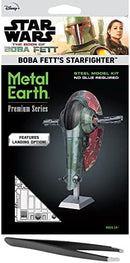 Premium S: Boba Fett's Starfighter DIY steel model kit by Fascinations. The packaging features detailed images of the model, with notes on no glue required and landing option. Ideal for ages 14 and up.