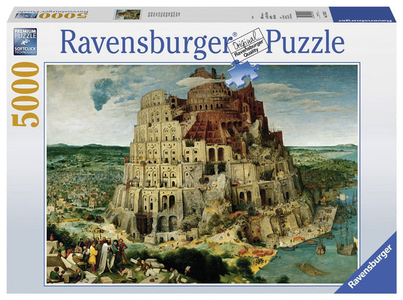 The Tower of Babel 5000-piece jigsaw puzzle by Ravensburger, featuring a stunning artwork depicting the legendary tower and surrounding landscape, ideal for puzzle enthusiasts seeking a challenging and engaging activity.