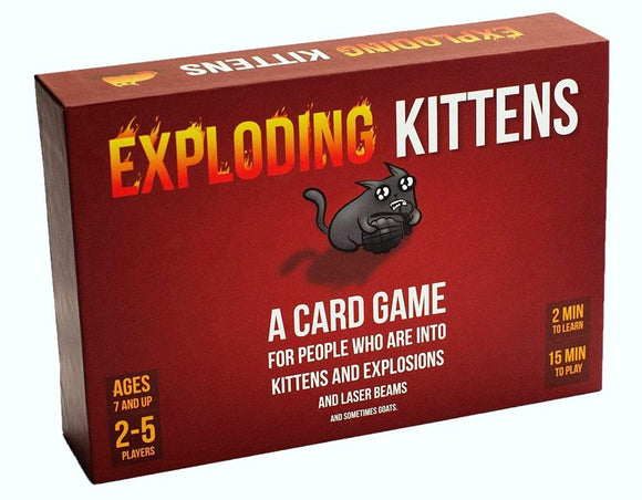 Exploding Kittens is a fun and quirky card game featuring a playful cartoon cat with a grenade, set against a fiery red background. The box highlights that it is suitable for ages 7 and up and can accommodate 2-5 players. It emphasizes a quick learning time of just 2 minutes and a gameplay duration of 15 minutes, making it perfect for parties or family gatherings.