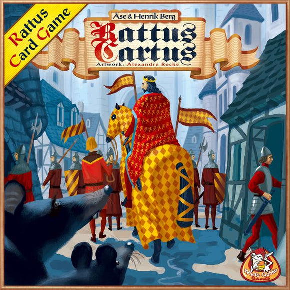 Rattus Cartus card game box featuring vibrant artwork by Alexandre Roche. The cover showcases a knight on horseback in a medieval setting, surrounded by soldiers, with a playful mouse in the foreground. The banner at the top reads 'Rattus Card Game'.