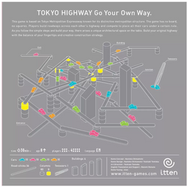 Tokyo Highway game by Itten, featuring a unique construction of roads based on the Tokyo Metropolitan Expressway. The game includes colorful pieces, such as cars and buildings, designed for 2 to 4 players aged 8 and up. Players strategically build their highway using tweezers and roadsticks, promoting creativity and architectural skills.