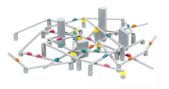 Tokyo Highway by Itten features a dynamic game set where players construct a bustling road network using various wooden pieces, including colorful cars and structural elements, promoting strategic thinking and creativity.