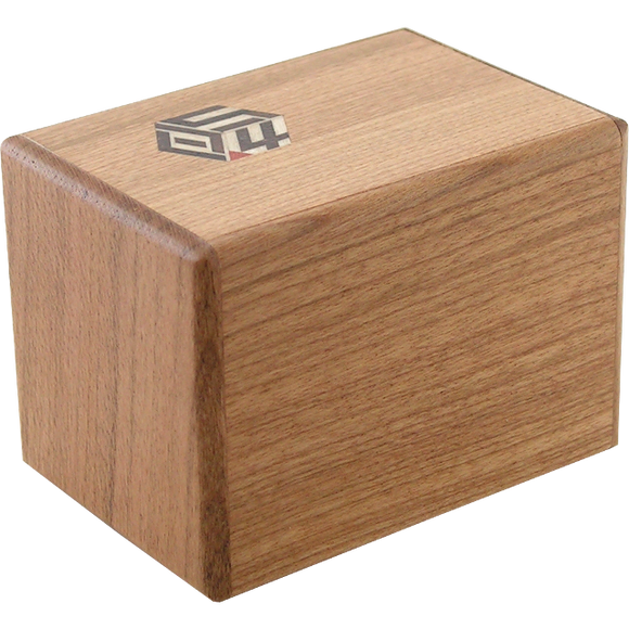 Karakuri Small Box No. 2 by Puzzle Master; a beautifully crafted wooden mechanical puzzle box featuring a smooth finish and a logo on the top.