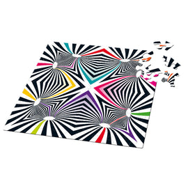 Colorful jigsaw puzzle showcasing an abstract design with swirling patterns in black, white, and vibrant colors like pink, yellow, and teal. Several pieces are shown, with one piece not yet placed in the puzzle.