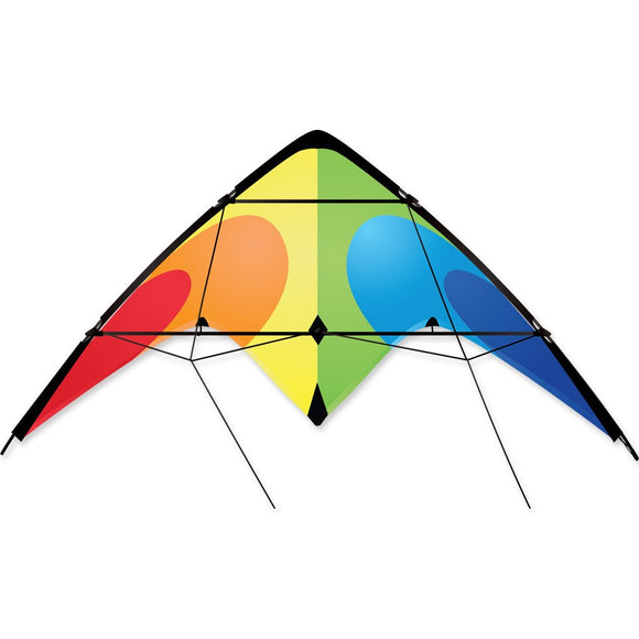 The Flash Sport Rainbow Kite by PREMIER Kites features a vibrant and colorful design with bright shades of red, orange, yellow, green, blue, and black accents. The kite is designed for optimal flying performance, showcasing a sleek, aerodynamic shape that makes it perfect for outdoor activities. Ideal for children and adults alike, this kite promises hours of fun in the sky.