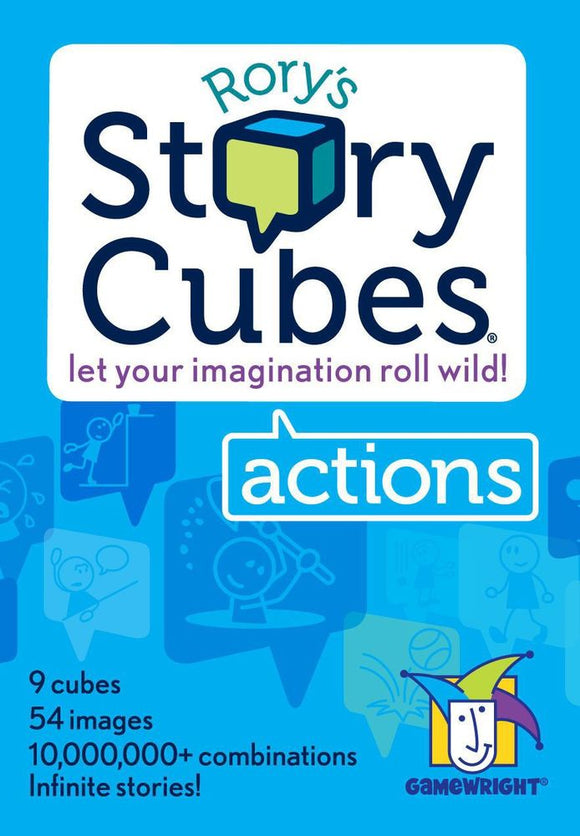 Rory's Story Cubes Actions by Zygomatic. A game featuring 9 cubes with 54 unique action images, encouraging storytelling and creativity. Includes the slogan 'let your imagination roll wild!' and promotes over 10,000,000 combinations for endless fun.