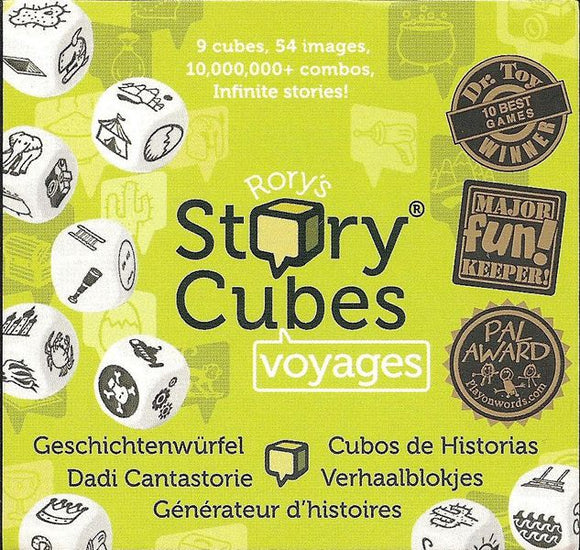 A box of Rory's Story Cubes Voyages. The packaging is bright yellow with the main title displaying 'Rory's Story Cubes' in bold letters. The box features images of nine dice, illustrating various travel-themed icons such as mountains, compasses, and suitcases. It boasts accolades including 'Dr. Toy 10 Best Games Winner' and 'Major Fun! Keeper!', emphasizing creativity and storytelling potential.