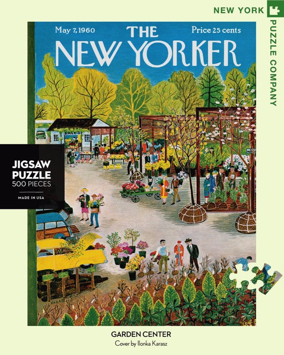 A colorful 500-piece jigsaw puzzle featuring a vibrant scene of a garden center illustrated by Ilonka Karasz, depicting people shopping for plants with various stalls and greenery in the background. The puzzle is packaged with the New Yorker cover image dated May 7, 1960.