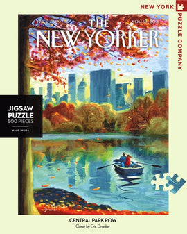 Central Park Row 500-piece jigsaw puzzle featuring a picturesque scene of two people in a boat on a serene lake surrounded by vibrant autumn foliage, based on a cover design by Eric Drooker for The New Yorker.