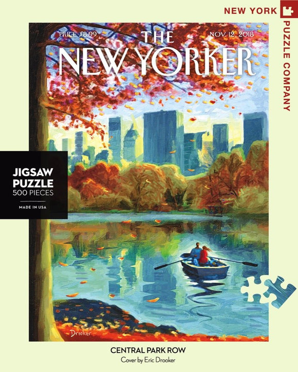 Central Park Row 500-piece jigsaw puzzle featuring a picturesque scene of two people in a boat on a serene lake surrounded by vibrant autumn foliage, based on a cover design by Eric Drooker for The New Yorker.