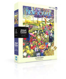 The Flower Garden Puzzle (1000pc) by New York Puzzle Company features a vibrant and colorful illustration of a flourishing flower garden, complete with diverse flowers, gardening tools, and two figures interacting within the lush scenery. The puzzle comes in an elegantly designed box displaying the artwork, ideal for jigsaw puzzle enthusiasts and floral art lovers alike.