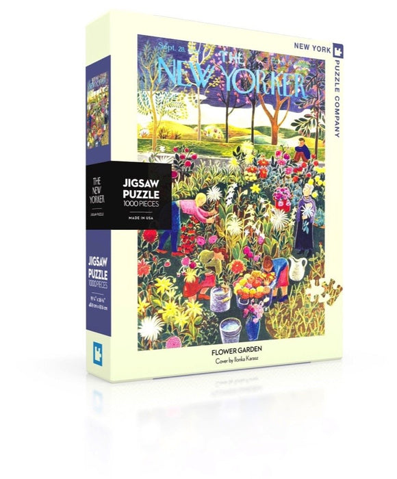 The Flower Garden Puzzle (1000pc) by New York Puzzle Company features a vibrant and colorful illustration of a flourishing flower garden, complete with diverse flowers, gardening tools, and two figures interacting within the lush scenery. The puzzle comes in an elegantly designed box displaying the artwork, ideal for jigsaw puzzle enthusiasts and floral art lovers alike.