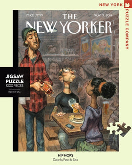 Hip Hops Jigsaw Puzzle (1000 pieces) featuring a colorful illustration inspired by The New Yorker cover by Peter de Sève. The scene depicts a lively bar atmosphere with characters enjoying drinks and food, showcasing vibrant colors and intricate details.