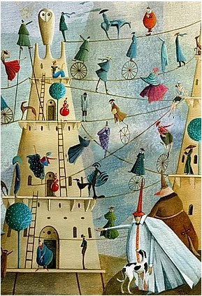 A whimsical jigsaw puzzle titled 'Tale of Two' by Art & Fable Puzzle Co. The image depicts a vibrant scene featuring colorful towers, people engaging in various activities, such as walking on tightropes and climbing ladders, amidst a dreamy landscape with whimsical trees.