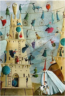A whimsical jigsaw puzzle titled 'Tale of Two' by Art & Fable Puzzle Co. The image depicts a vibrant scene featuring colorful towers, people engaging in various activities, such as walking on tightropes and climbing ladders, amidst a dreamy landscape with whimsical trees.