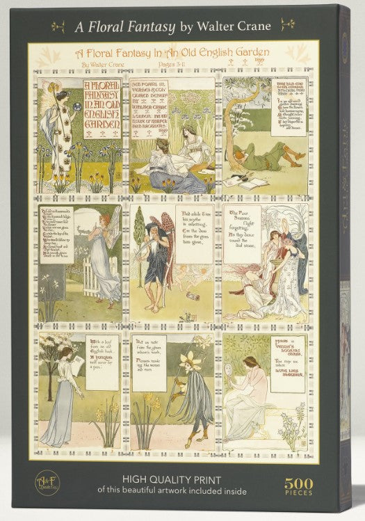 Thebox cover of the 'Floral Fantasy' jigsaw puzzle by Art & Fable Puzzle Co, featuring elegant illustrations inspired by an old English garden. The design showcases scenes with floral themes and poetic verses, rendered in a soft color palette. Ideal for puzzle enthusiasts and lovers of art.