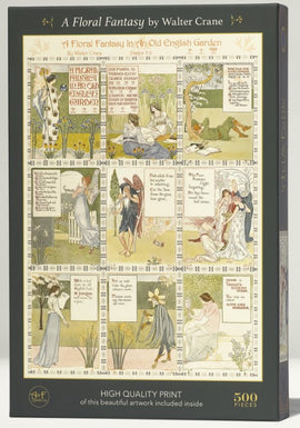 Thebox cover of the 'Floral Fantasy' jigsaw puzzle by Art & Fable Puzzle Co, featuring elegant illustrations inspired by an old English garden. The design showcases scenes with floral themes and poetic verses, rendered in a soft color palette. Ideal for puzzle enthusiasts and lovers of art.