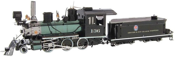 The Metal Earth 2-6-0 Locomotive DIY kit from Fascinations is a detailed metal model featuring intricately designed parts. It showcases a classic steam locomotive with a green and black finish, including visible wheels, chimney, and smokestack. The model is a perfect blend of artistry and engineering, ideal for hobbyists and collectors alike looking to assemble a miniature train.