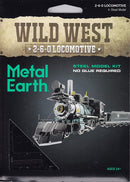 Metal Earth 2-6-0 Locomotive DIY model kit by Fascinations. The packaging showcases a detailed image of the steel locomotive under a Wild West theme. Note the tagline emphasizing that no glue is required for assembly. Suitable for ages 14 and up.