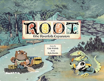 Root: The Riverfolk Expansion board game box cover featuring whimsical artwork of a river scene. A raccoon character in a boat is navigating the water while an alligator-like character with a wooden box watches from the shore, surrounded by lush greenery. The game's title in decorative letters captures the essence of adventure and strategy.