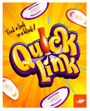 The game 'Quick Link' by FoxMind Canada features vibrant packaging with the title prominently displayed. The background is a burst of yellow and orange, decorated with spinning candies labeled 'candy' and 'sweet' around a central element that suggests finding links quickly. The playful design invites players to enjoy a fast-paced matching game.