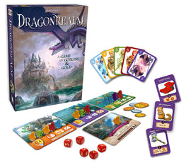 The game Dragonrealm by Gamewright features a visually striking box with artwork of a dragon flying over a mystical castle. Accompanying the box are colorful game cards, tokens, dice, and player boards, showcasing a vibrant design ideal for game lovers. The game is centered around themes of goblins and treasure hunting in a fantastical realm.