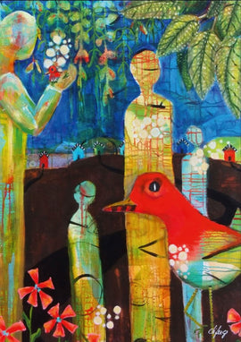 A vibrant jigsaw puzzle titled 'Woodland Walk' by Art & Fable Puzzle Co, featuring abstract figures surrounded by colorful flowers and a lively red bird in a lush, whimsical environment.